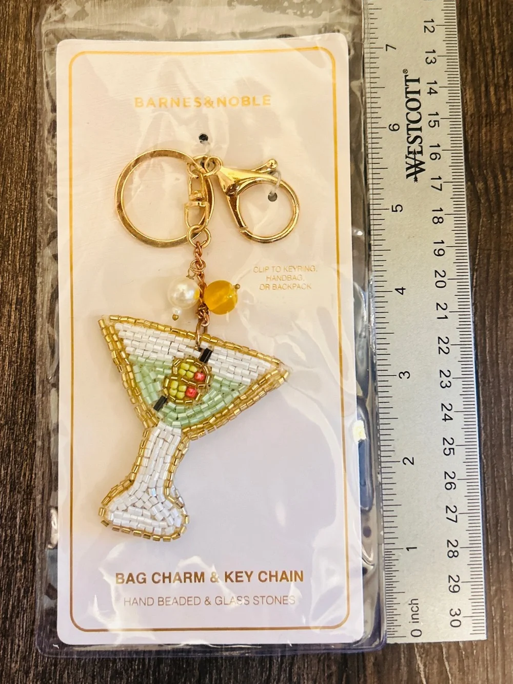 Martini & Olives Gold & Green Beaded Keychain Bag Charm NWT